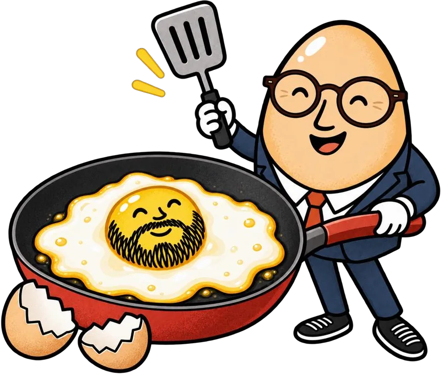 Illustration of an egg character in a suit holding a frying pan with a smiling fried egg