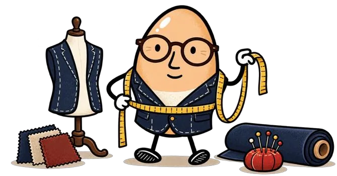 Illustration of an egg character as a tailor measuring a jacket