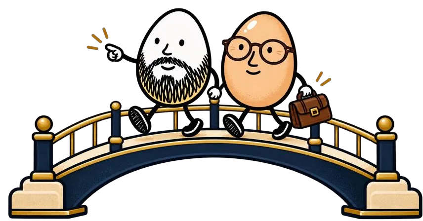 Illustration of the two egg characters standing on a bridge