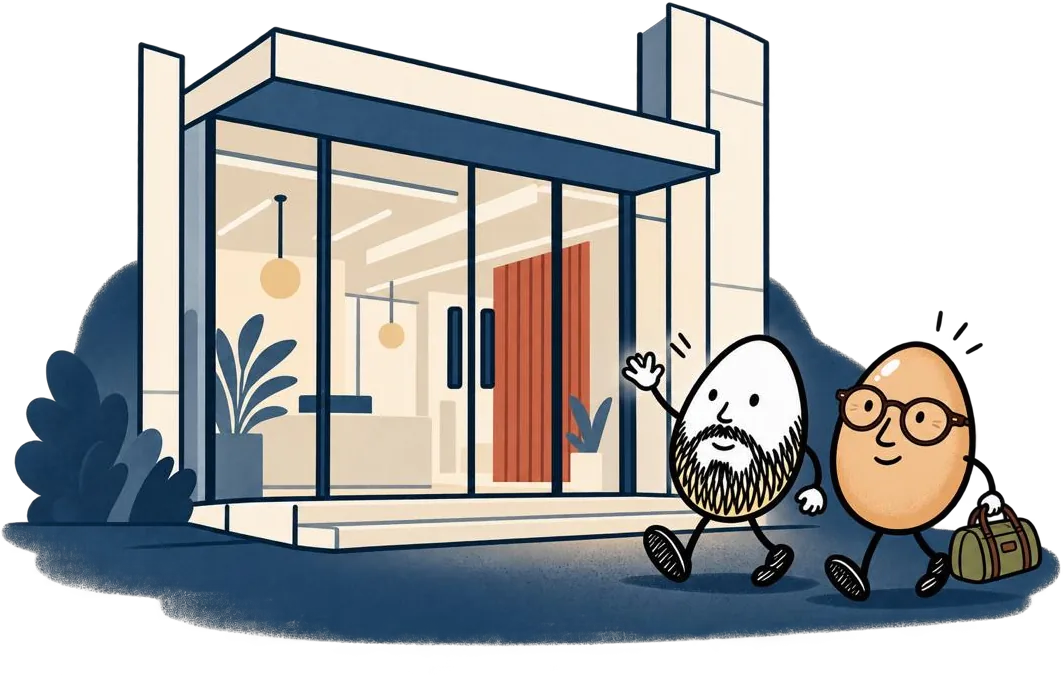 Illustration of the two egg characters arriving at a modern company building with their notes