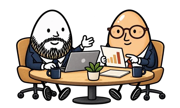 Two egg characters at a table examining the same chart from different sides