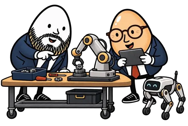 Illustration of the two egg characters testing a robot together at a workbench