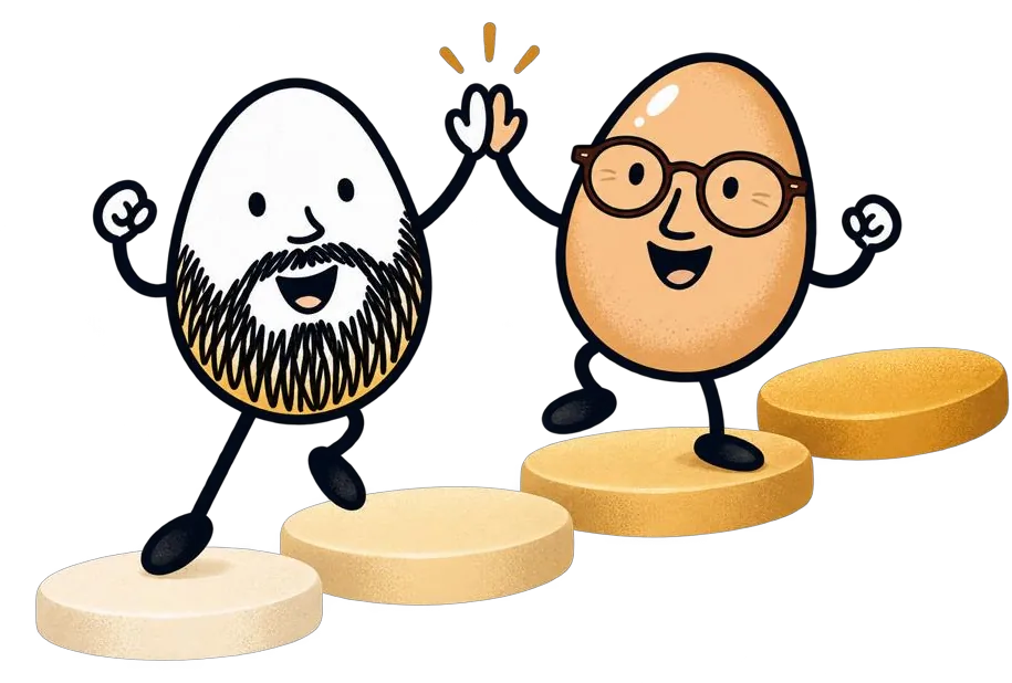 Illustration of the two egg characters cheering on a set of golden steps