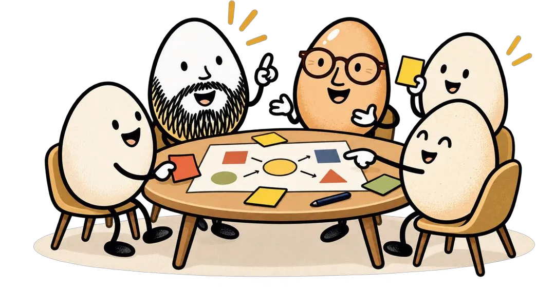 Illustration of egg characters working around a table covered in cards and notes